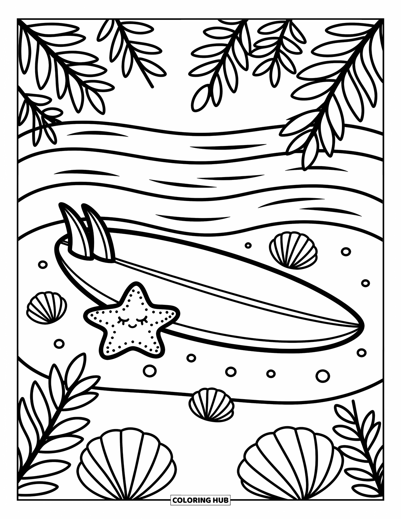Surfboard Coloring Page for Adults: A surfboard with wave and flower patterns rides waves with a playful crab nearby
