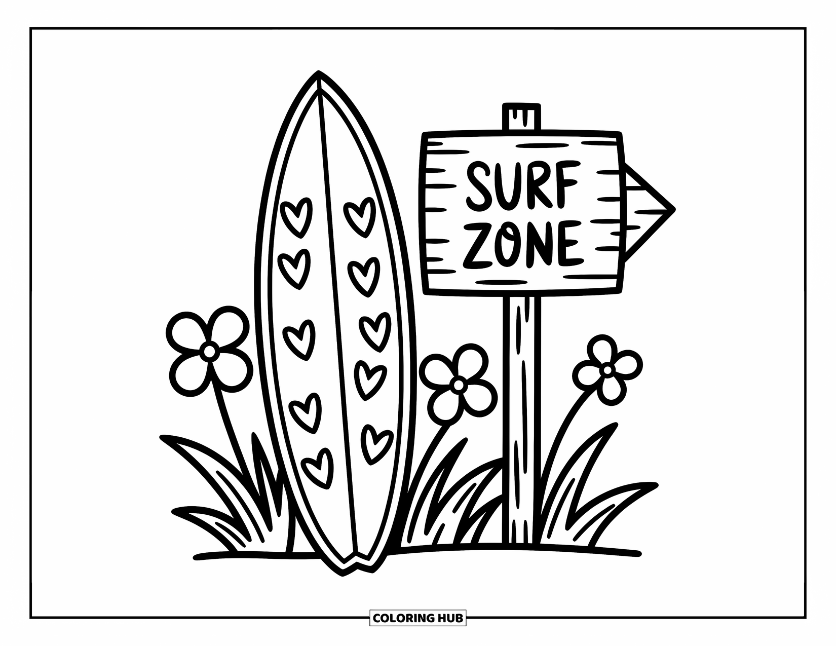 Surfboard Coloring Page for Adults: A surfboard with wave and stripe patterns rests on sand with seashells