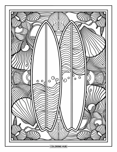 Desenho de prancha de surf para colorir para adultos: Uma prancha de surf com padrões de ondas encostada em palmeiras sob um horizonte oceânico