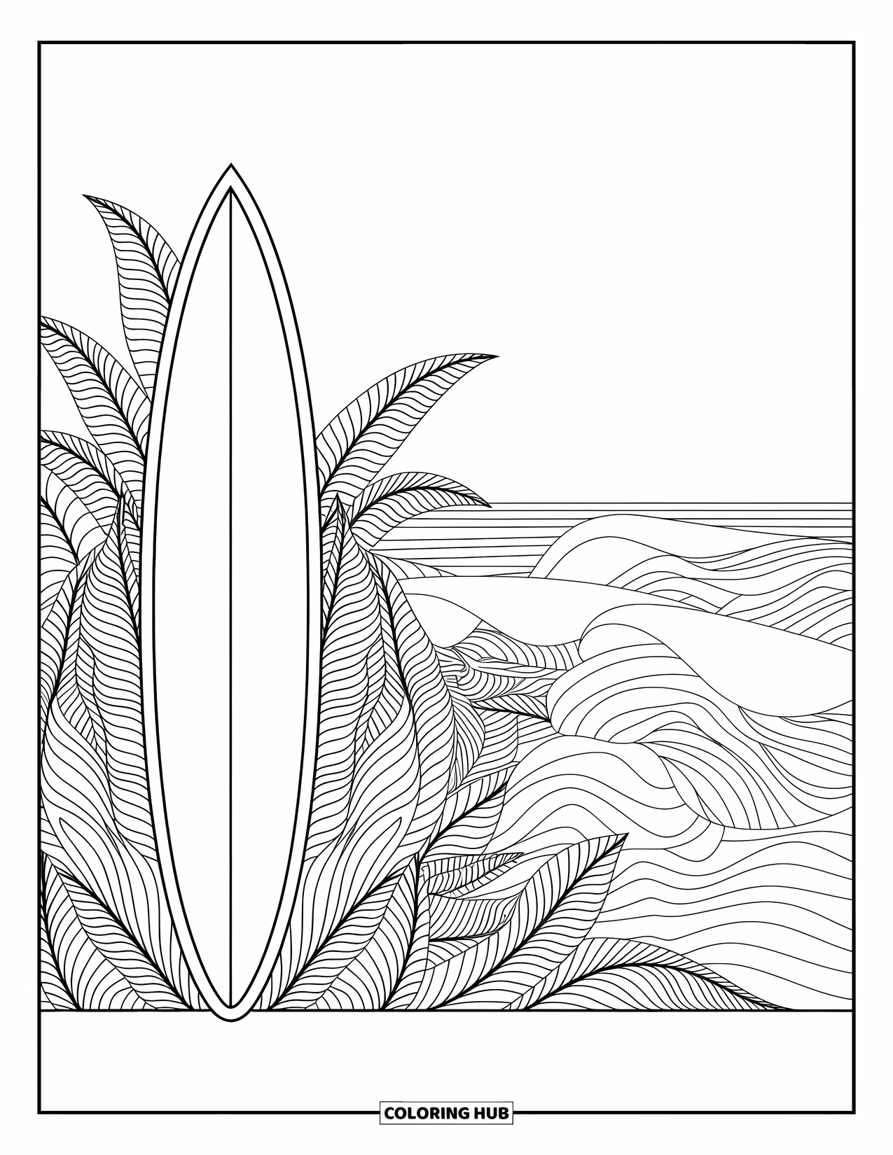 Surfboard Coloring Page for Adults: Surfboards with ocean-themed patterns rest by seashells and starfish