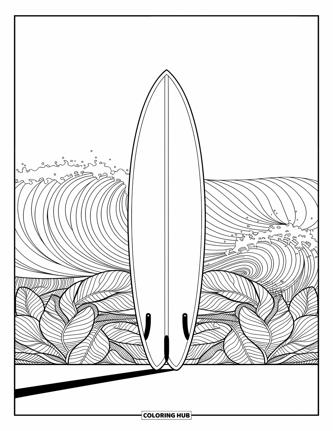 Surfboard Coloring Page for Adults: Surfboards with sea life patterns stand amid seashells and ocean waves