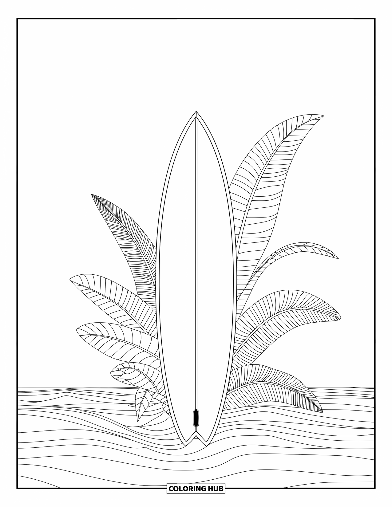 Surfboard Coloring Page for Adults: Two surfboards with intricate wave patterns are surrounded by seashells