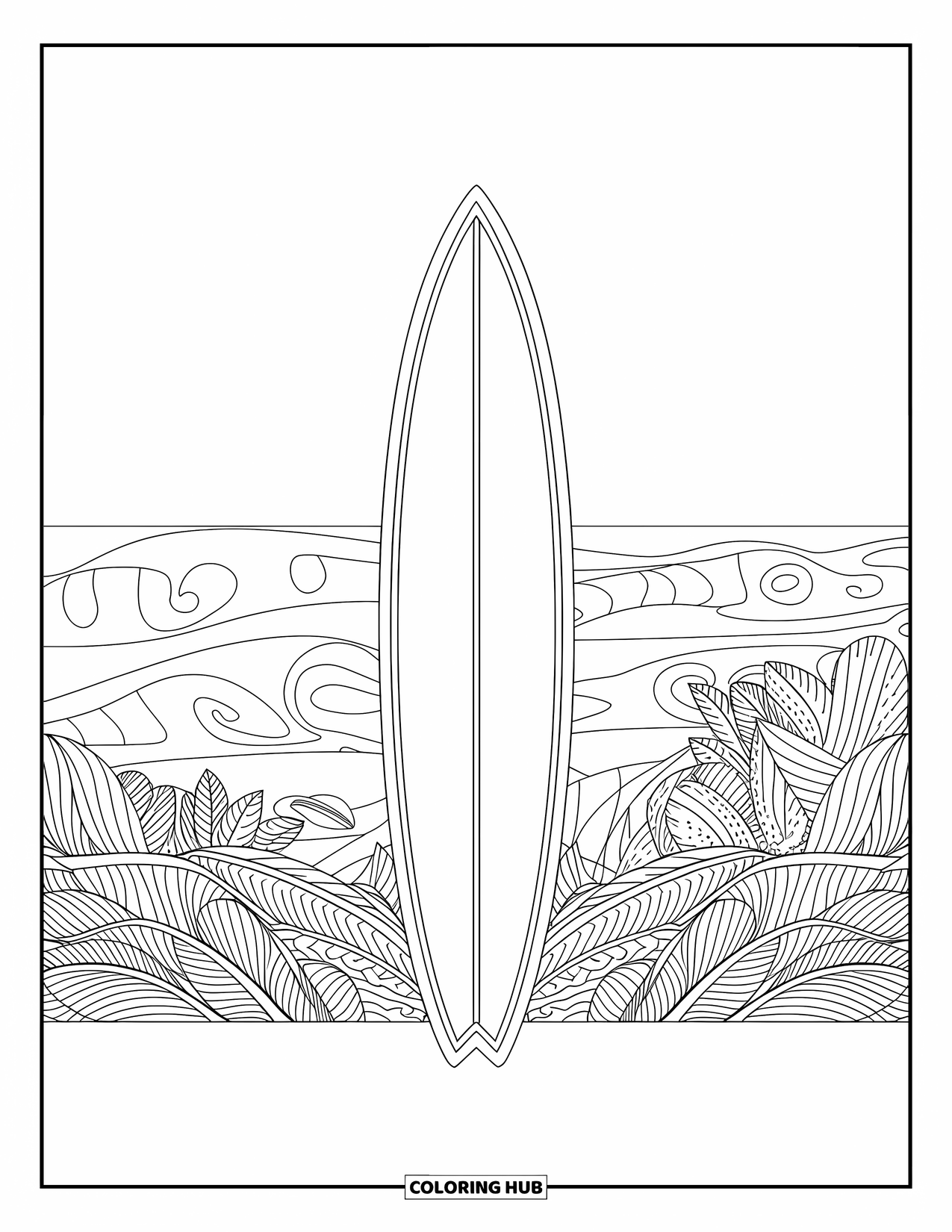 Surfboard Coloring Page for Adults: Two surfboards with wave patterns stand amid intricate seashell designs