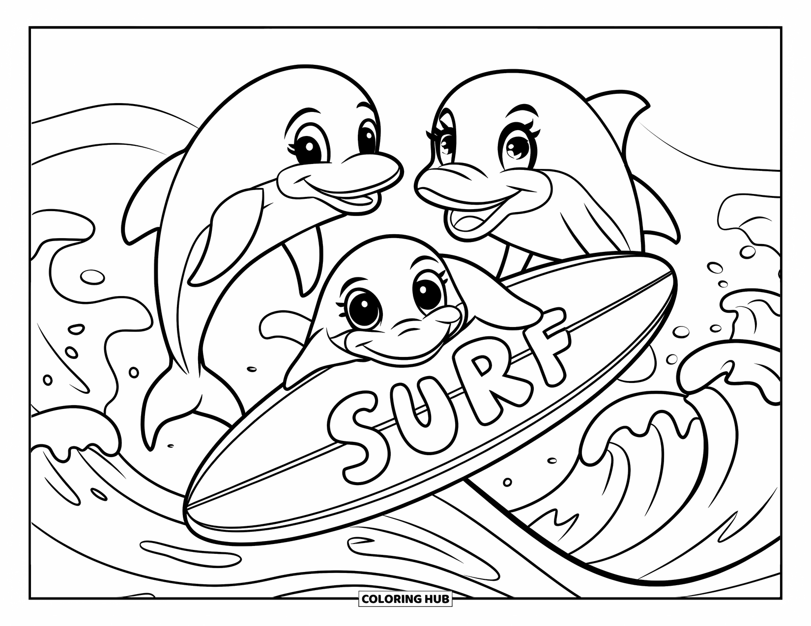 Surfboard Coloring Page for Kids: A surfboard among waves with dolphins leaping playfully