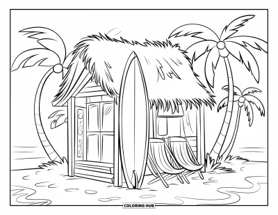 Desenho de prancha de surf para colorir para crianças: Uma prancha de surf perto de uma cabana de praia com palmeiras e cadeiras de praia por perto