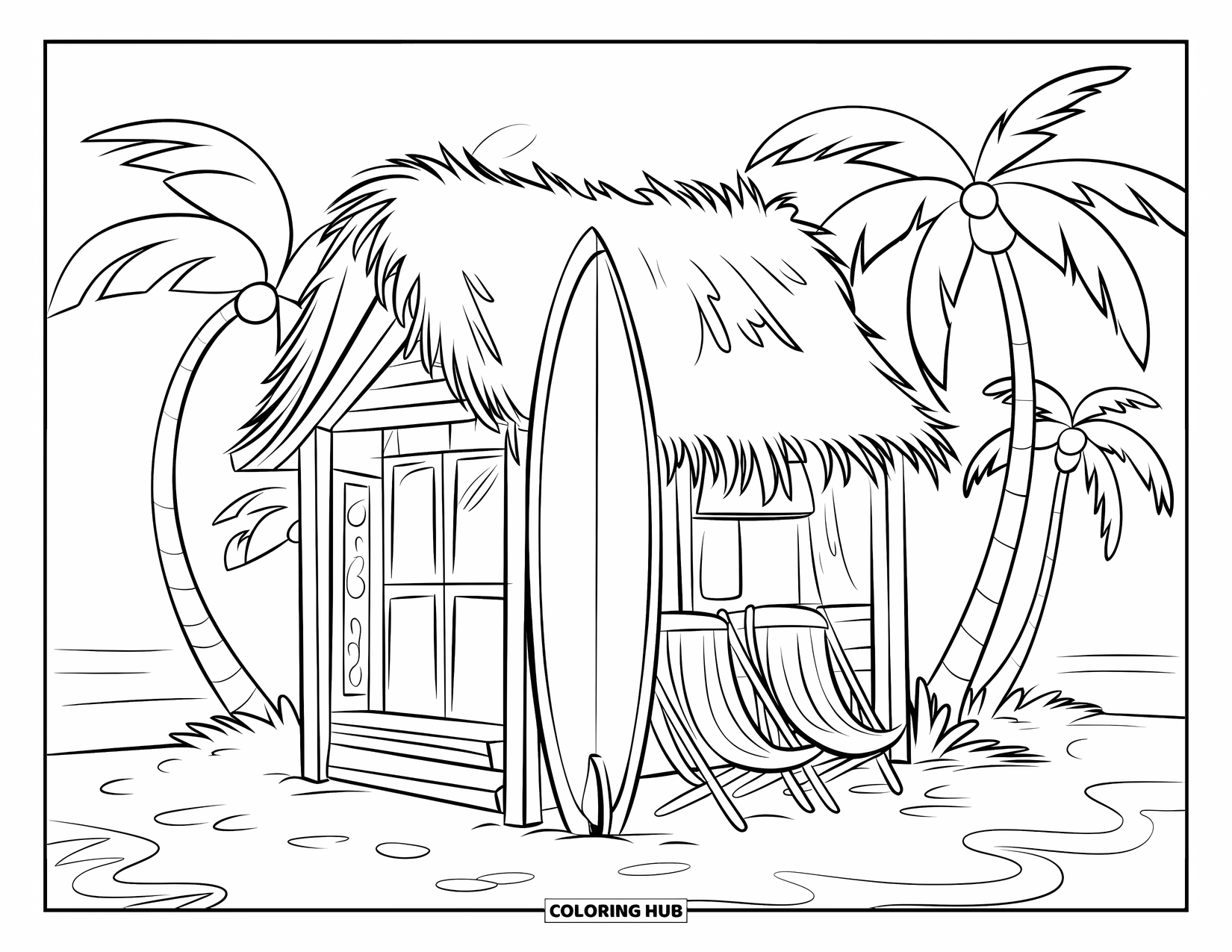 Surfboard Coloring Page for Kids: A surfboard by a beach shack with palm trees and beach chairs nearby