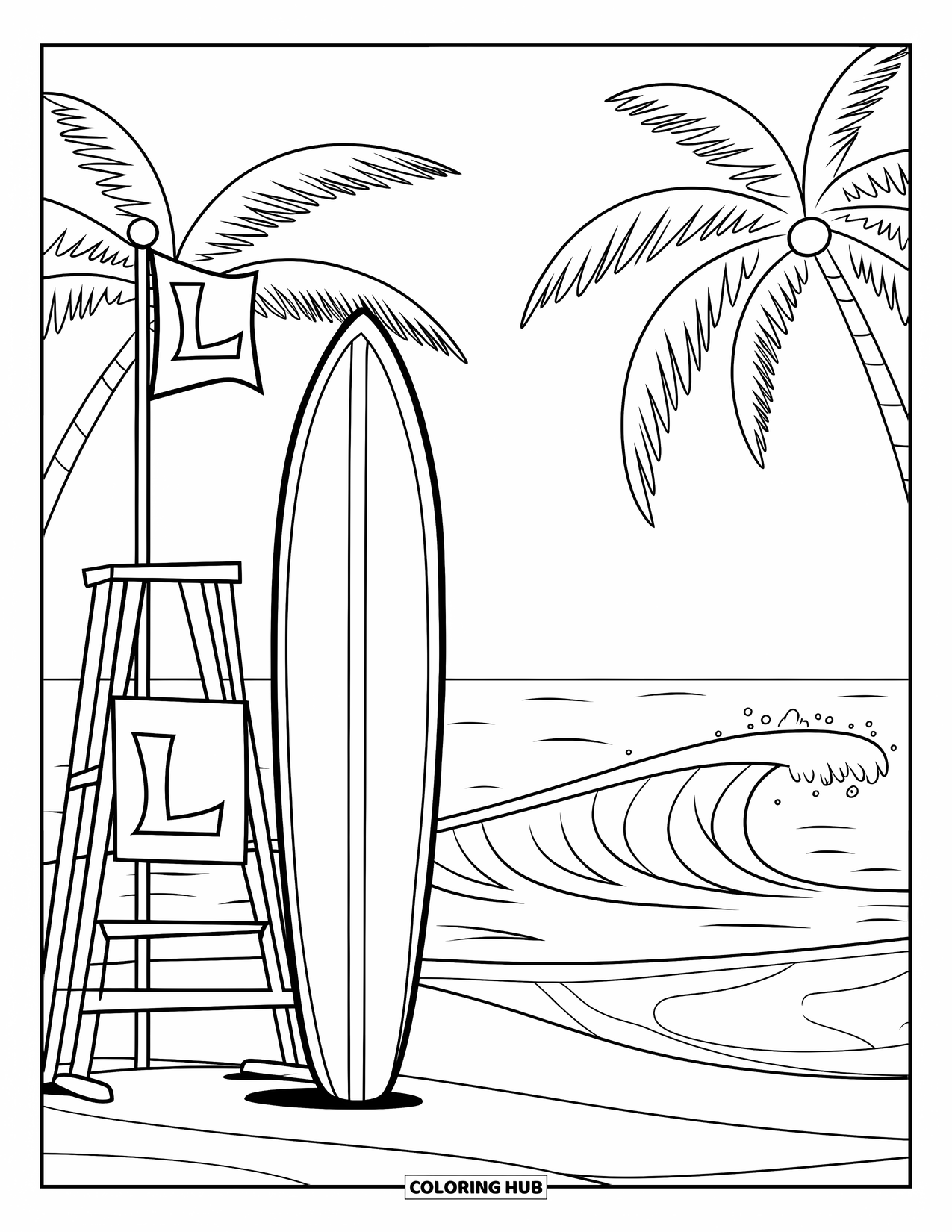 Surfboard Coloring Page for Kids: A surfboard by a lifeguard stand with ocean waves and palm trees