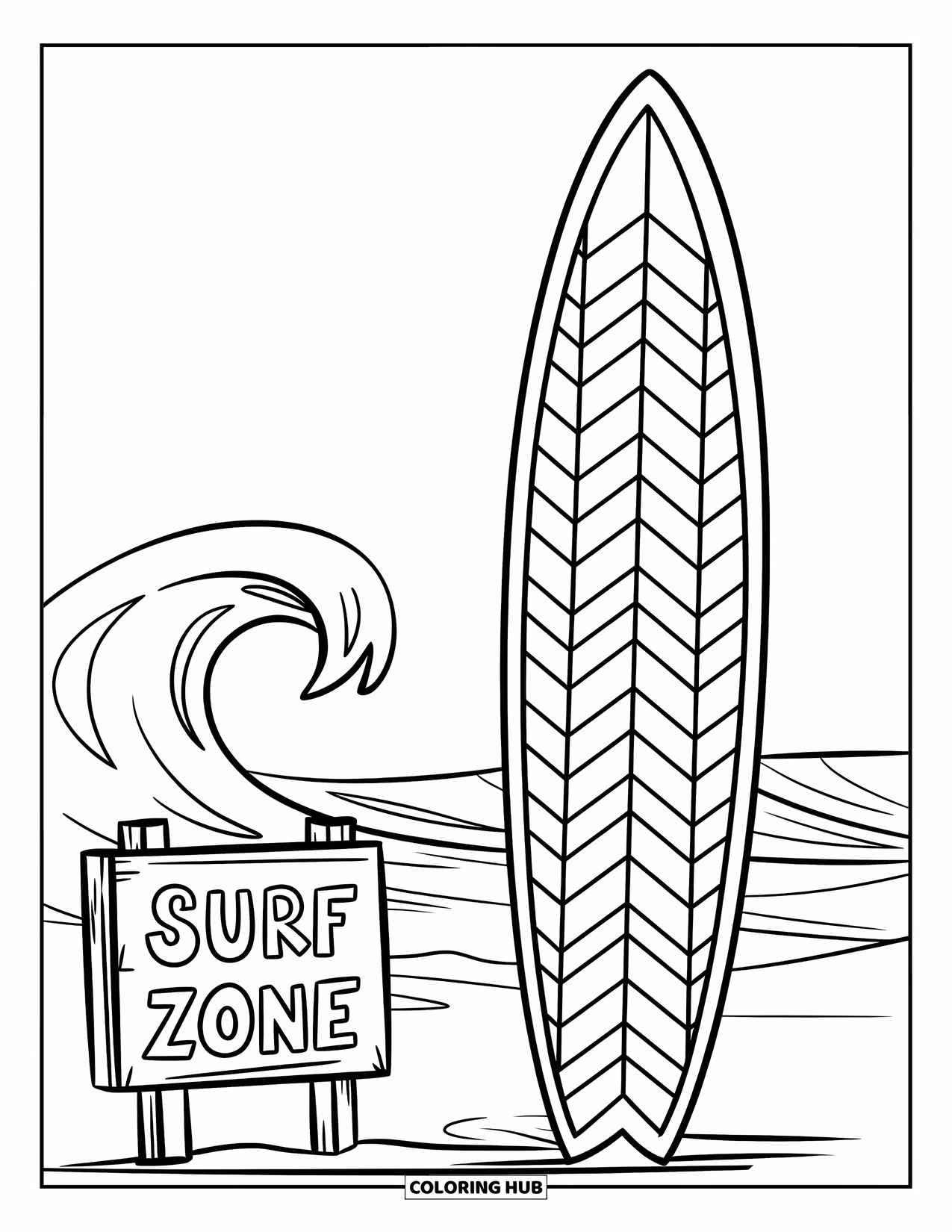 Surfboard Coloring Page for Kids: A surfboard by a "Surf Zone" sign with waves in the background