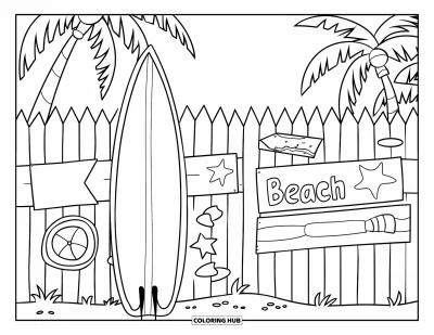 Desenho de prancha de surf para colorir para crianças: Uma prancha de surf perto de uma cerca de madeira com placas de praia e palmeiras por perto