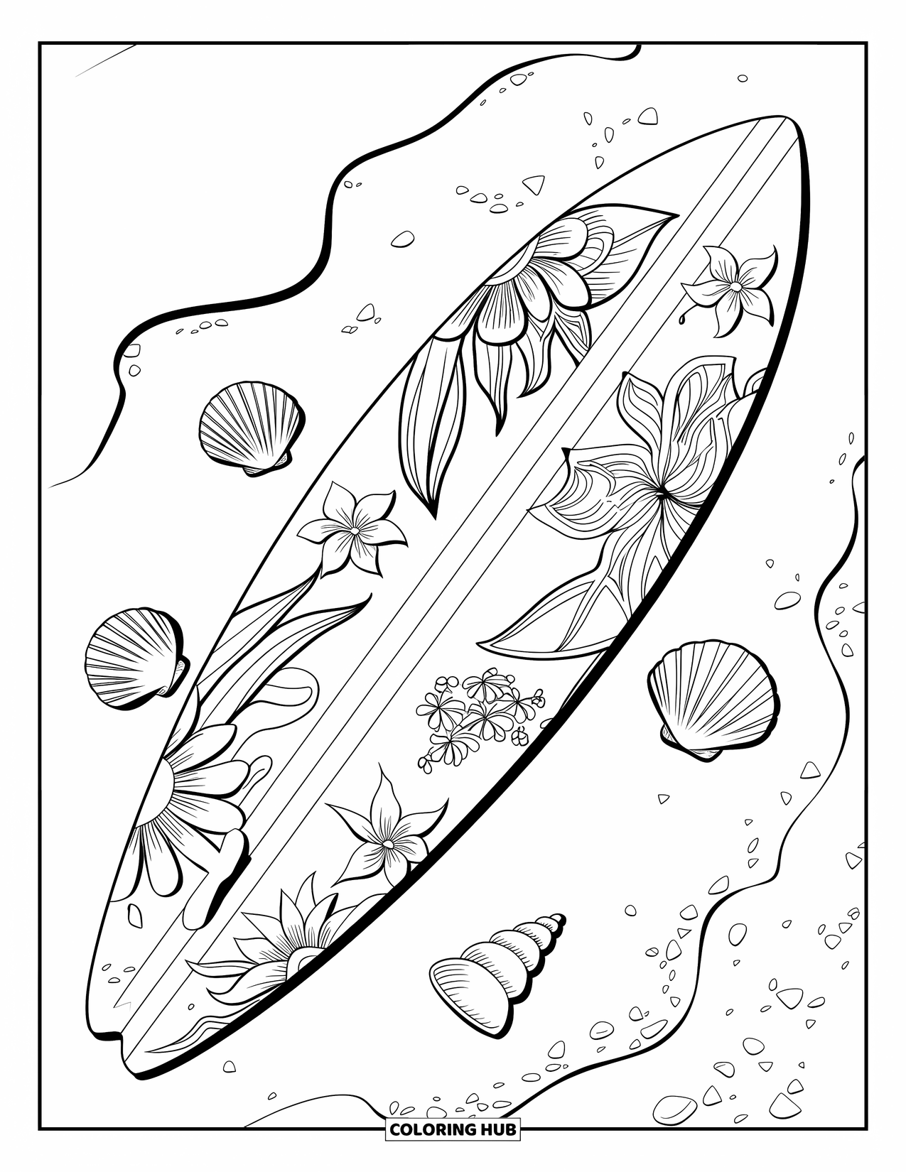 Surfboard Coloring Page for Kids: A surfboard decorated with flowers on sand surrounded by seashells