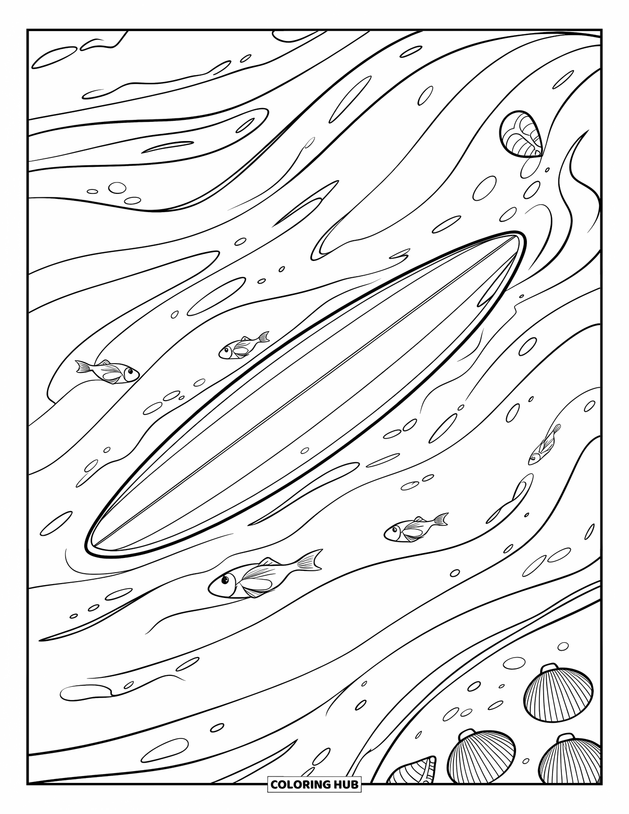 Surfboard Coloring Page for Kids: A surfboard floating among gentle waves with seashells and fish nearby