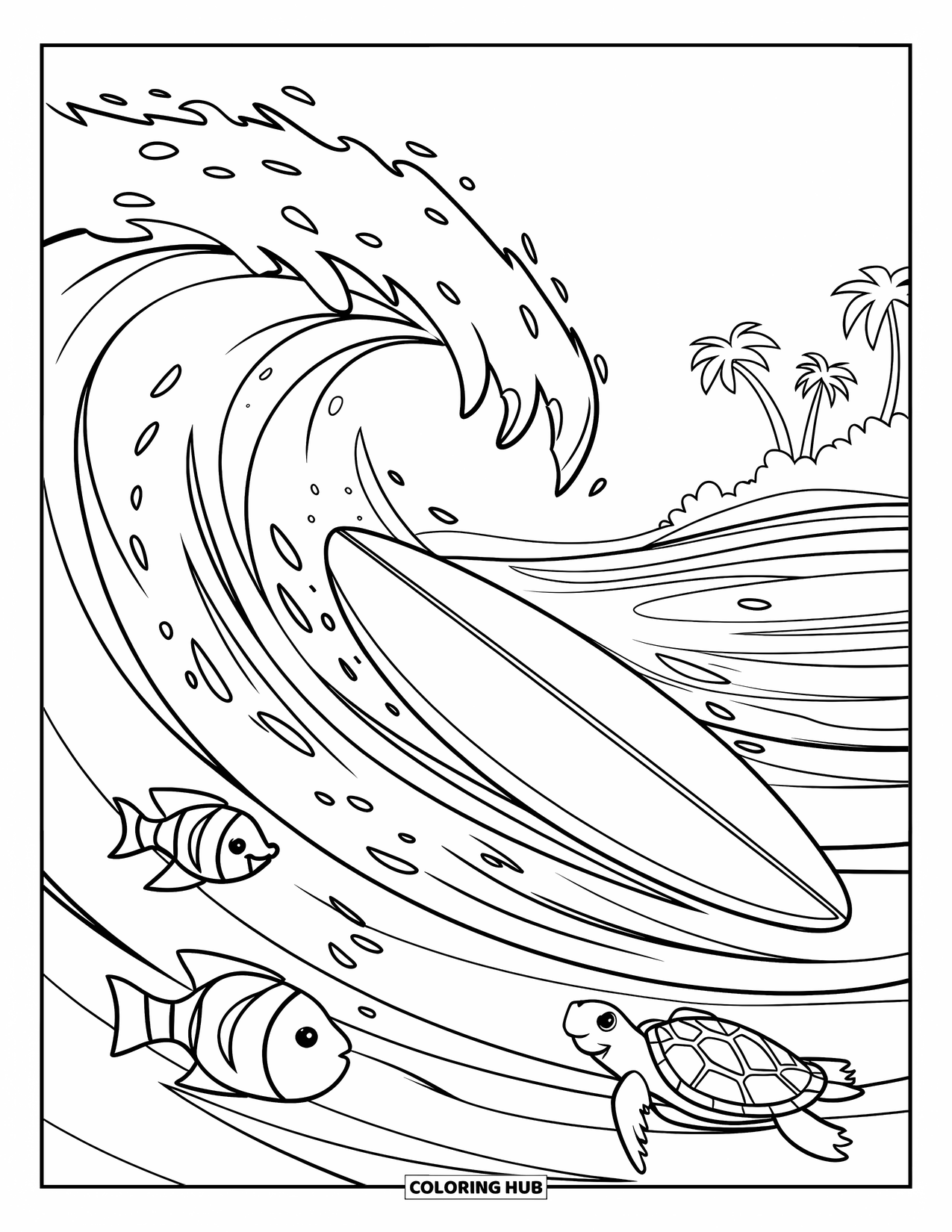 Surfboard Coloring Page for Kids: A surfboard floating on waves with fish, turtles, and a tropical island