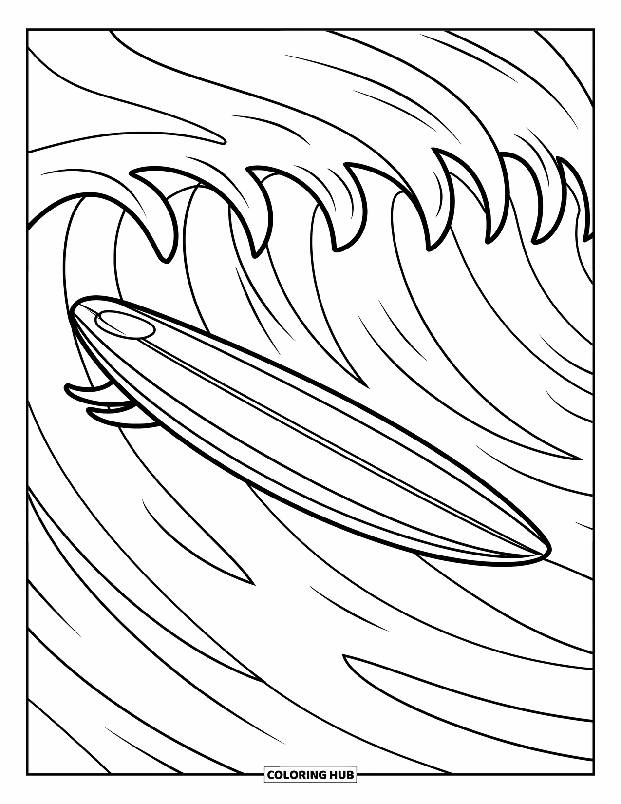 Surfboard Coloring Page for Kids: A surfboard floating on waves with seagulls and a clear sky