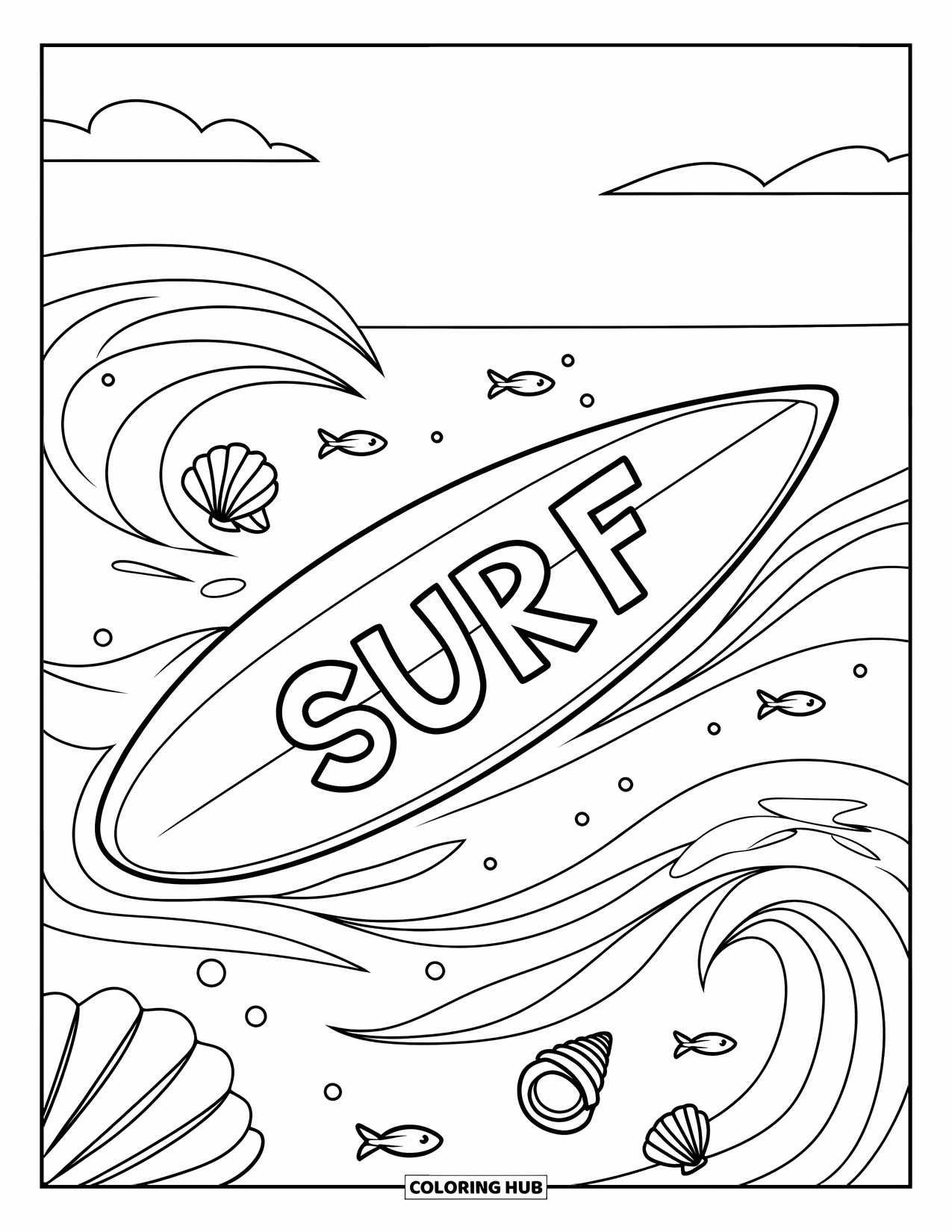 Surfboard Coloring Page for Kids: A surfboard floating on waves with seashells and fish around
