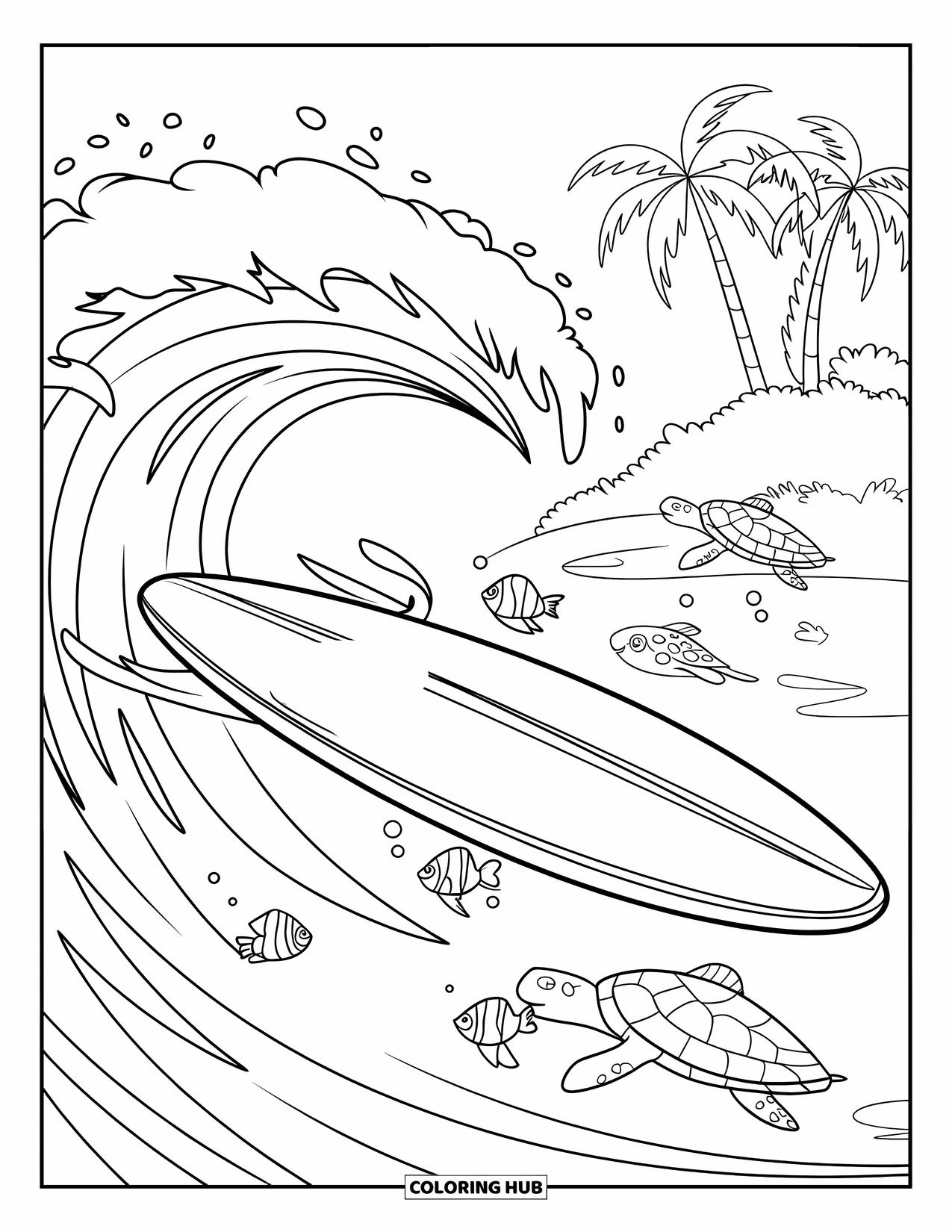 Surfboard Coloring Page for Kids: A surfboard floating on waves with tropical fish and turtles nearby