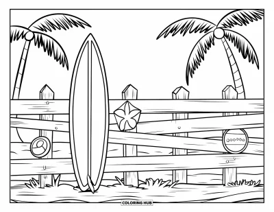 Desenho de prancha de surf para colorir para crianças: Uma prancha de surf encostada em uma cerca de madeira com placas temáticas de praia