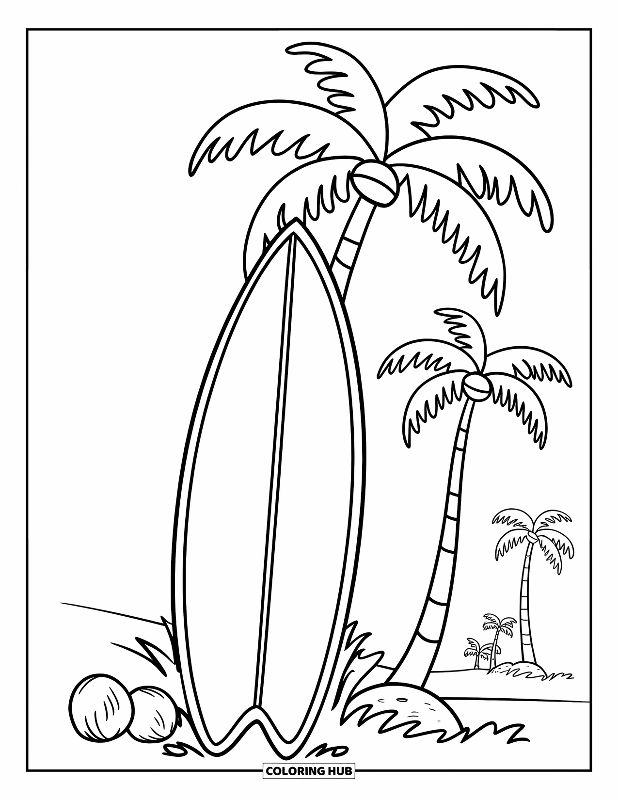 Surfboard Coloring Page for Kids: A surfboard leaning on a tall palm tree with coconuts nearby