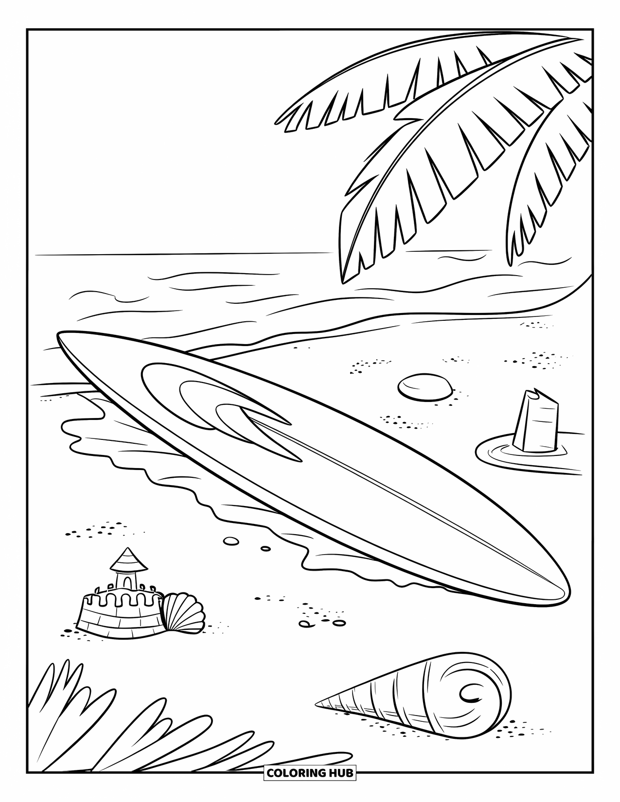 Surfboard Coloring Page for Kids: A surfboard lying beside seashells and a sandcastle on the beach