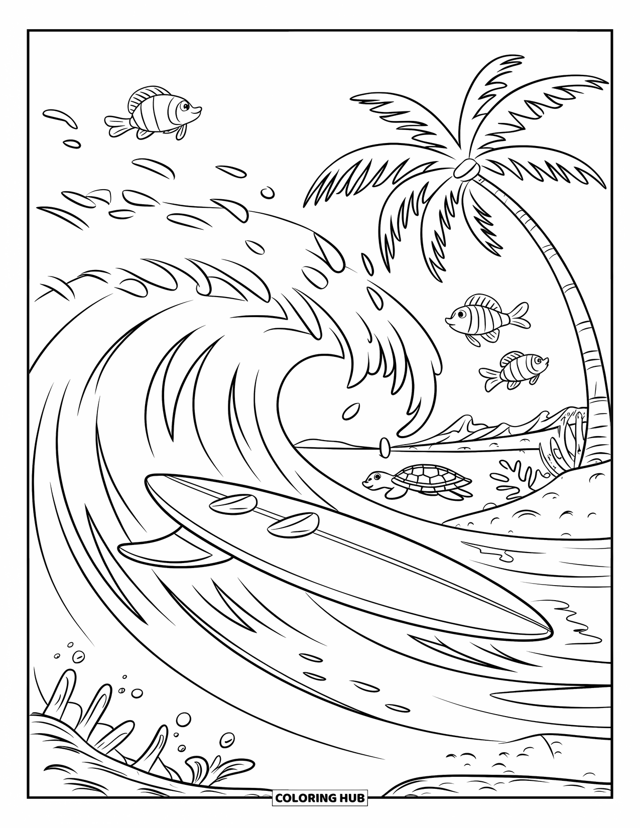 Surfboard Coloring Page for Kids: A surfboard on ocean waves with fish and turtles swimming around