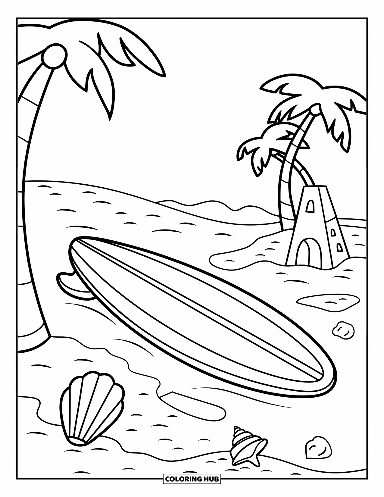 Surfboard Coloring Page for Kids: A surfboard on sand with seashells and a small sandcastle nearby
