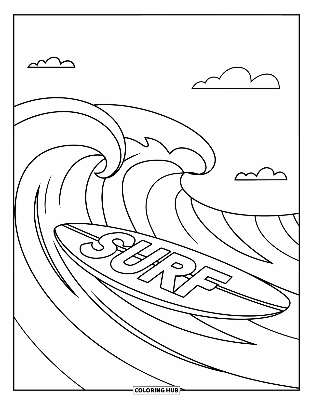 Surfboard Coloring Page for Kids: A surfboard on soft waves with a "SURF" logo and seagulls nearby