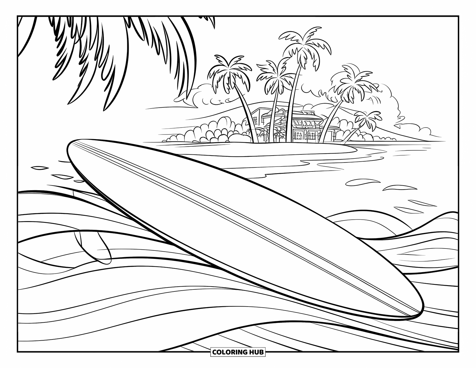 Surfboard Coloring Page for Kids: A surfboard on waves with a tropical island in the background