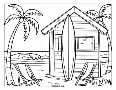 Desenho de prancha de surf para colorir para crianças: Uma prancha de surf apoiada em uma cabana de praia com palmeiras e ondas ao redor