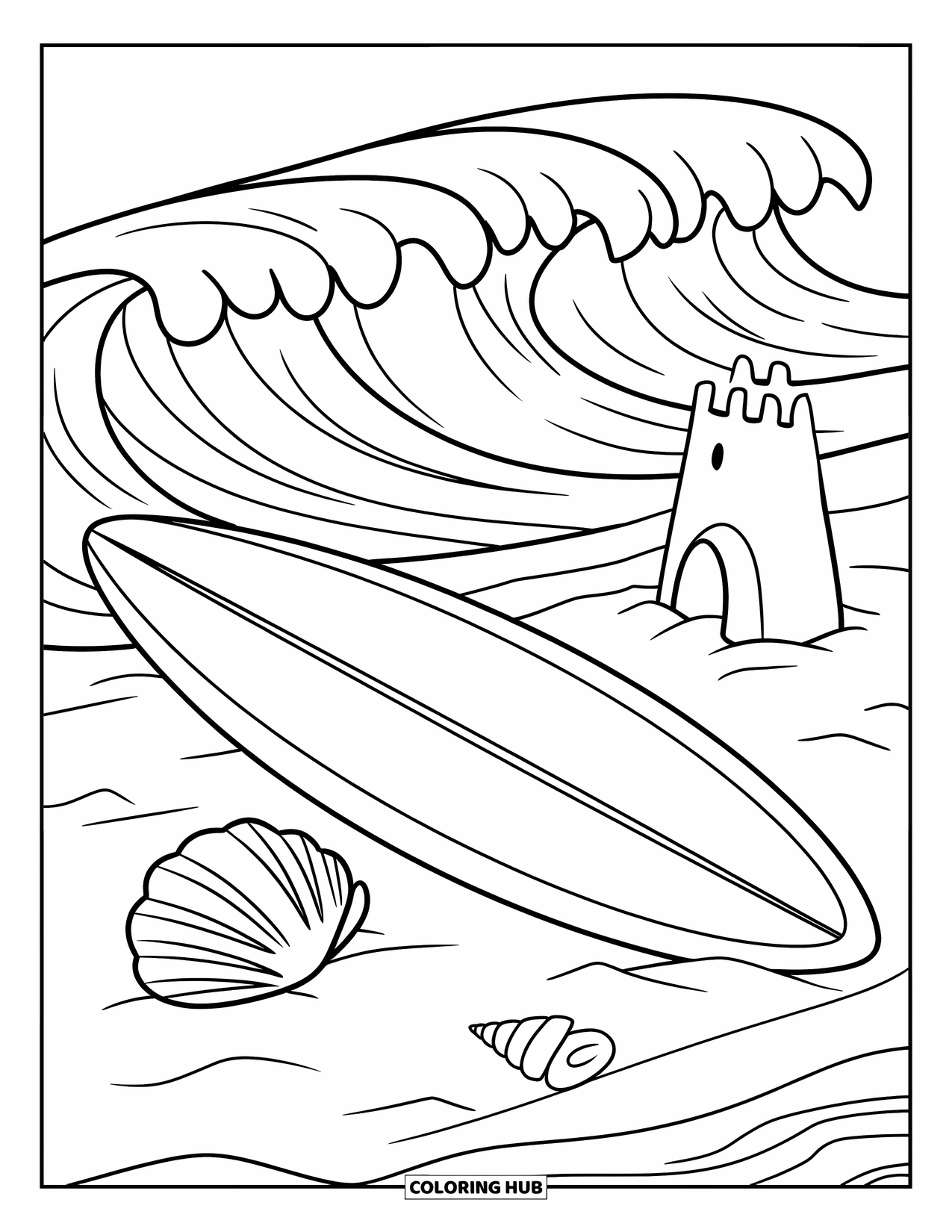 Surfboard Coloring Page for Kids: A surfboard resting on sand with seashells and a small sandcastle