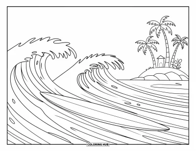 Desenho de prancha de surf para colorir para crianças: Uma prancha de surf surfando nas ondas com palmeiras e uma ilha tropical por perto