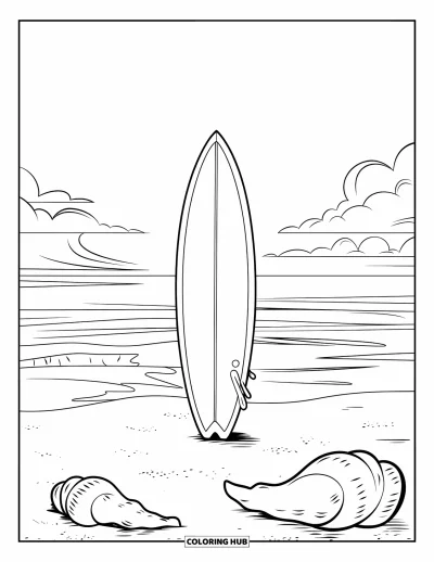 Desenho de prancha de surf para colorir para crianças: Uma prancha de surf em pé na areia com conchas e ondas do oceano atrás