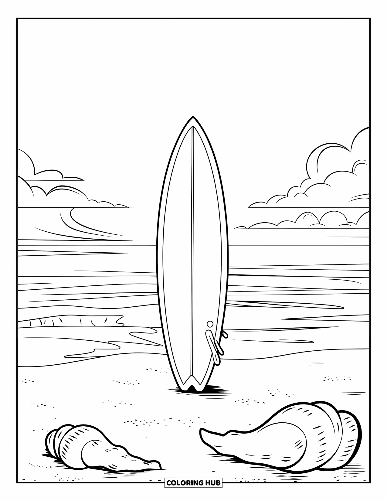 Surfboard Coloring Page for Kids: A surfboard standing in sand with seashells and ocean waves behind