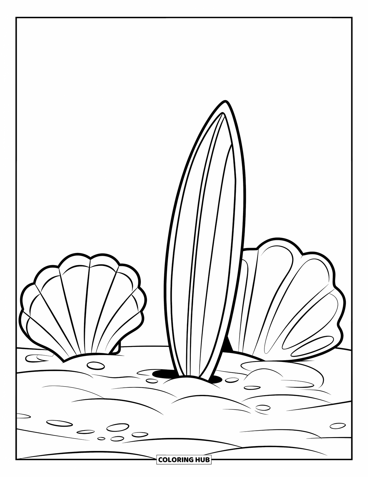Surfboard Coloring Page for Kids: A surfboard standing on a beach with large seashells around