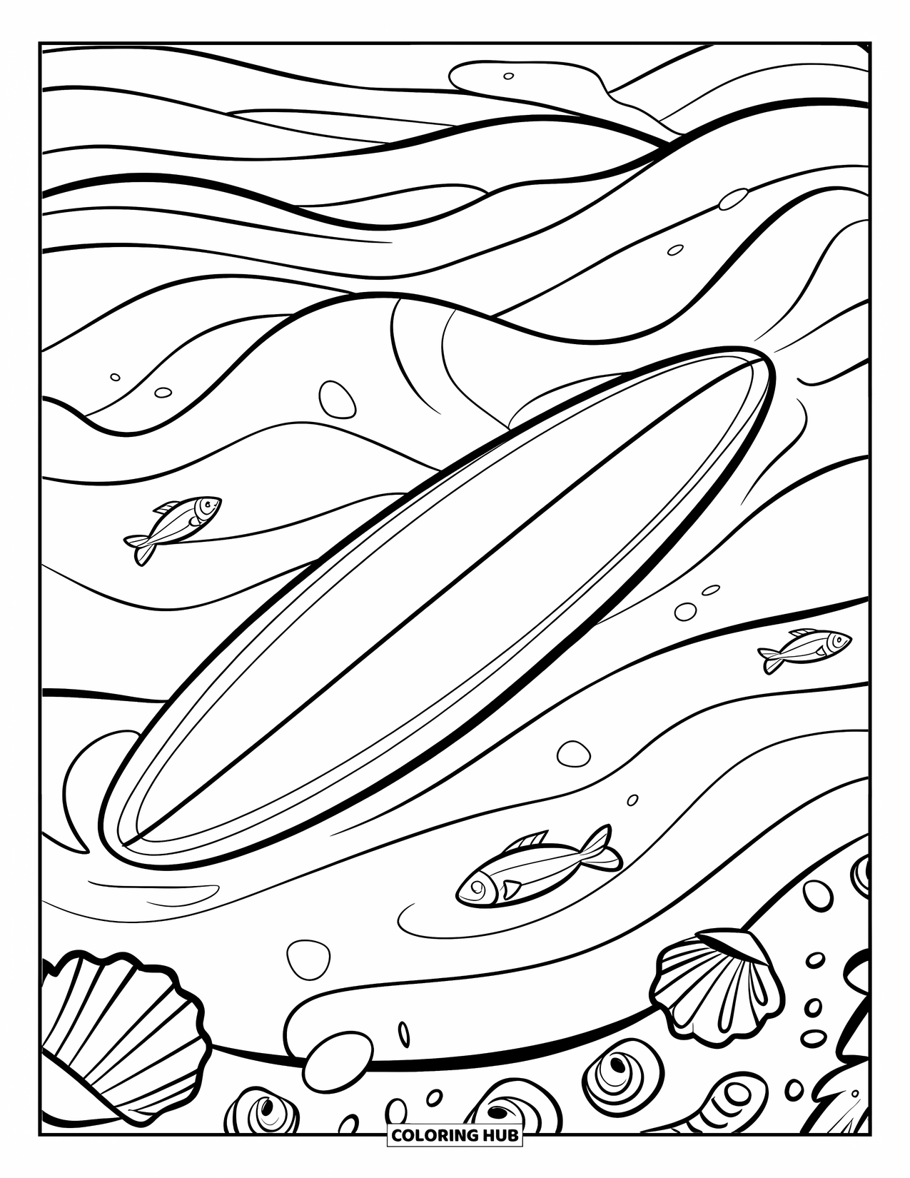 Surfboard Coloring Page for Kids: A surfboard surrounded by gentle waves, seashells, and small fish