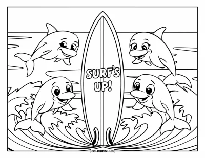 Desenho de prancha de surf para colorir para crianças: Uma prancha de surf cercada por golfinhos felizes pulando das ondas
