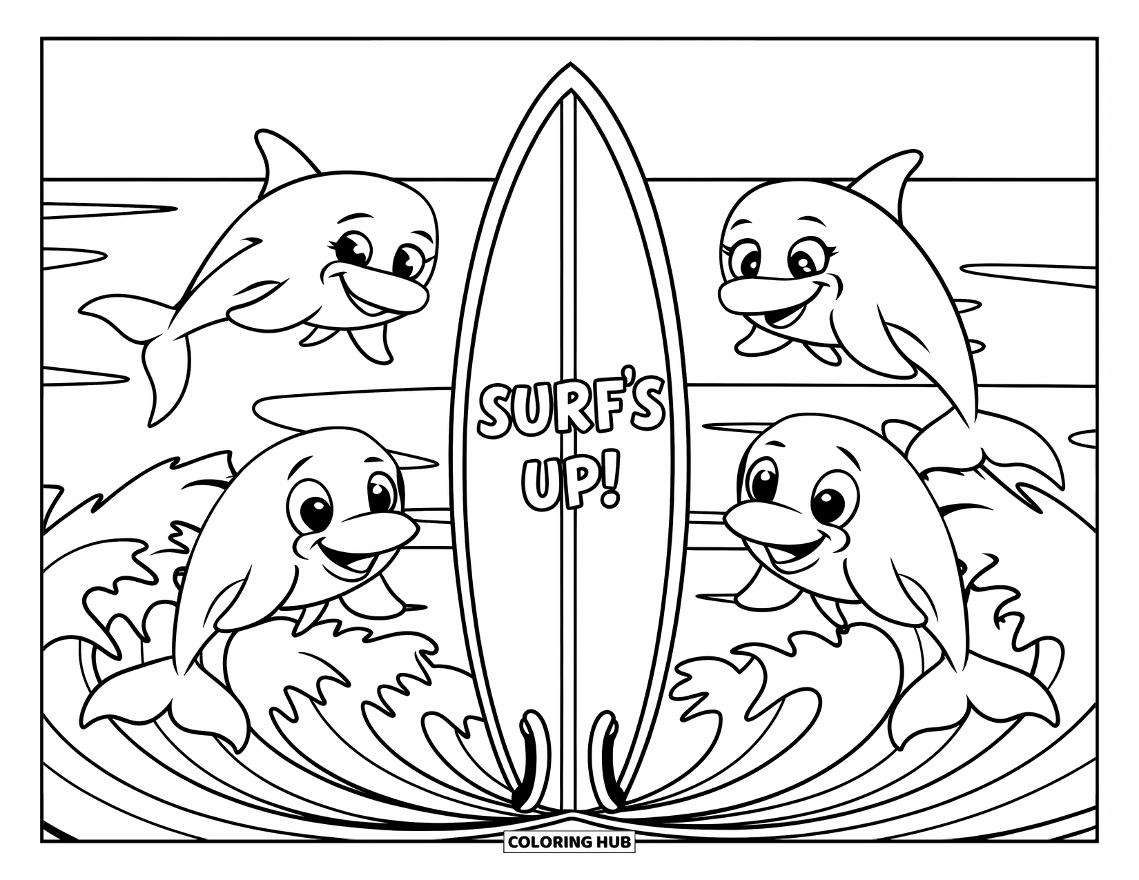 Surfboard Coloring Page for Kids: A surfboard surrounded by happy dolphins jumping from waves