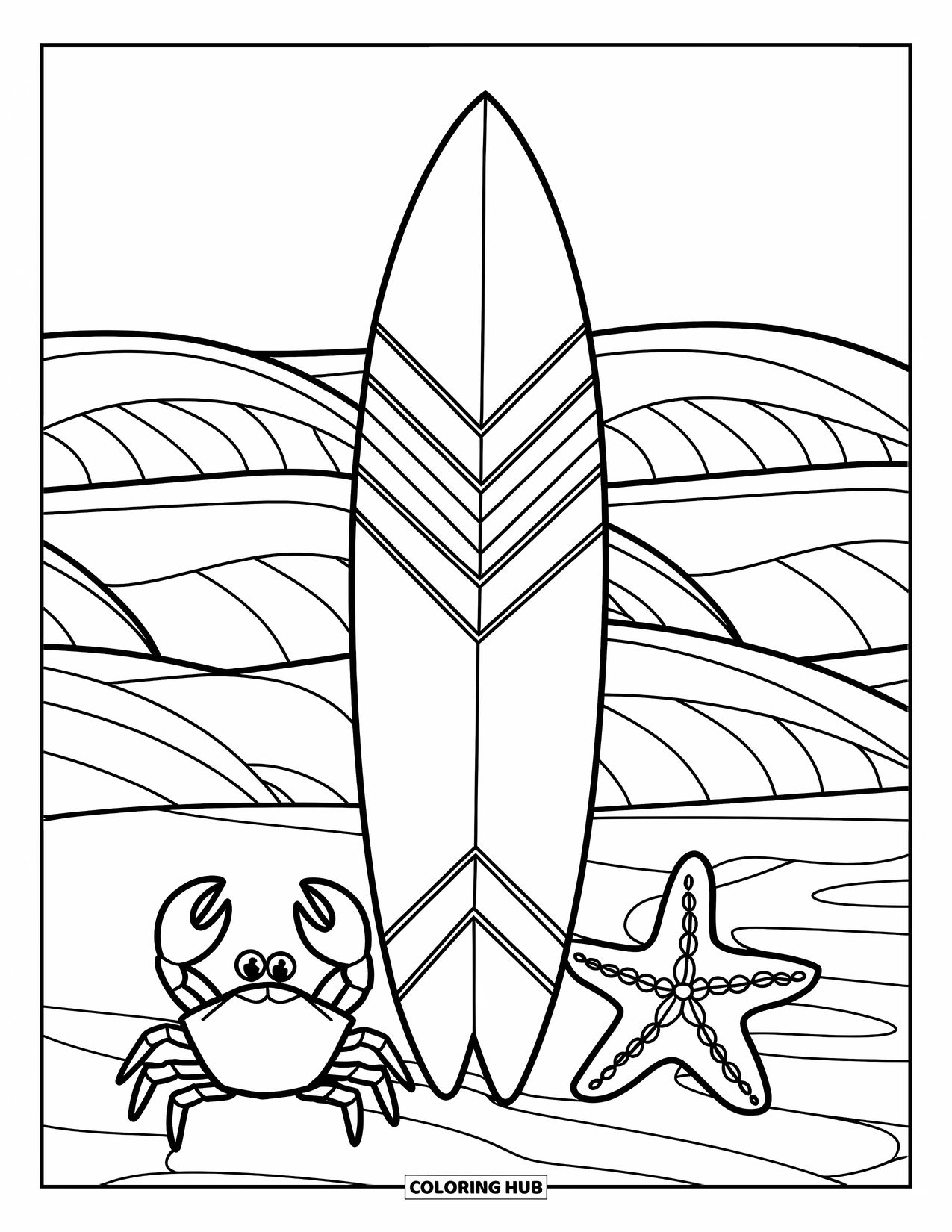 Surfboard Coloring Page for Kids: A surfboard upright in sand with a crab and a starfish