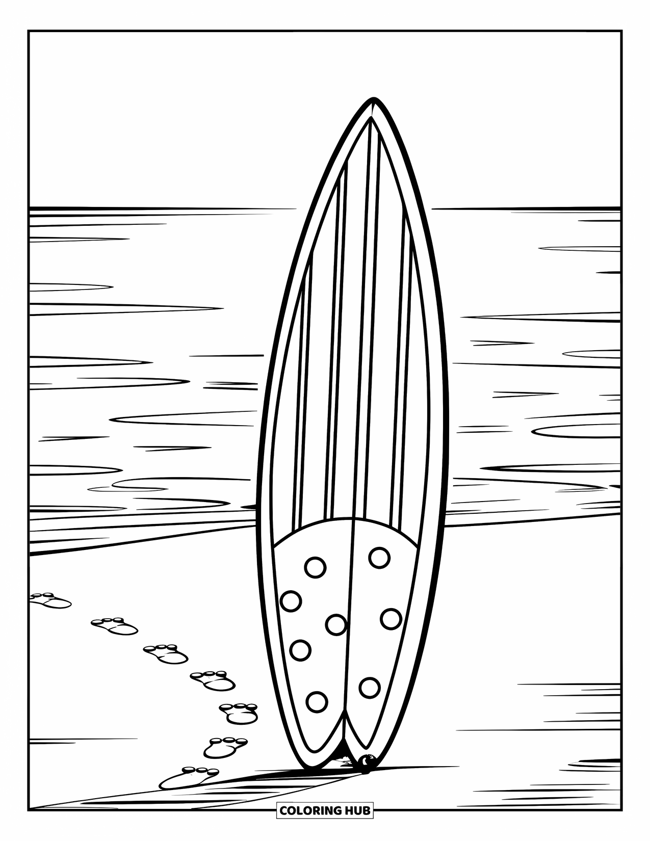 Surfboard Coloring Page for Kids: A surfboard upright in sand with stripes, polka dots, and footprints nearby