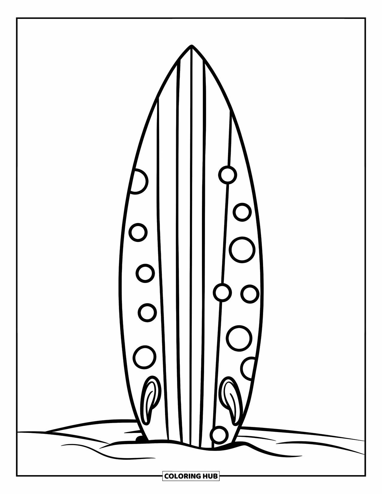 Surfboard Coloring Page for Kids: A surfboard with bold stripes and polka dots in sand on a sunny beach