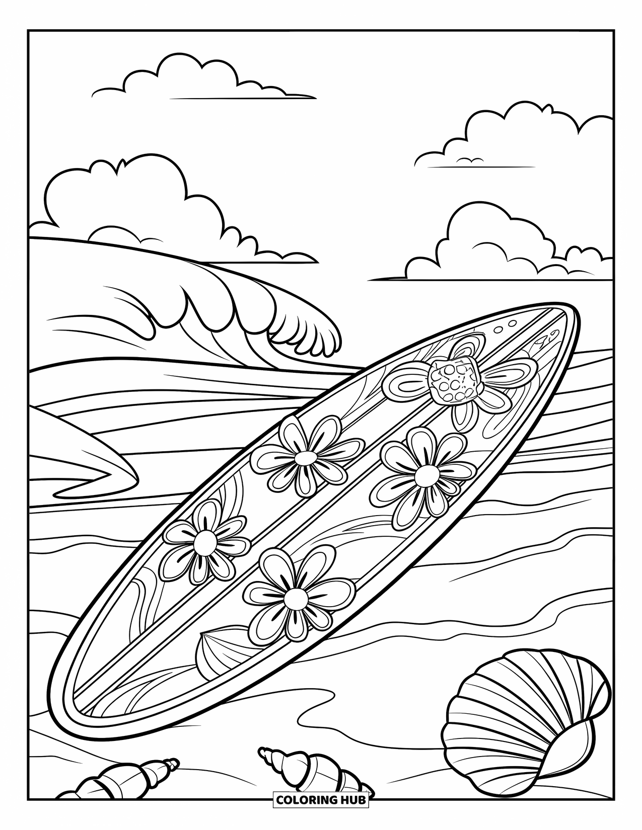 Surfboard Coloring Page for Kids: A surfboard with floral patterns on sand with seashells nearby