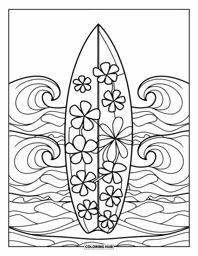 Desenho de prancha de surf para colorir para crianças: Uma prancha de surf com padrões de flores de frente para as ondas calmas do oceano