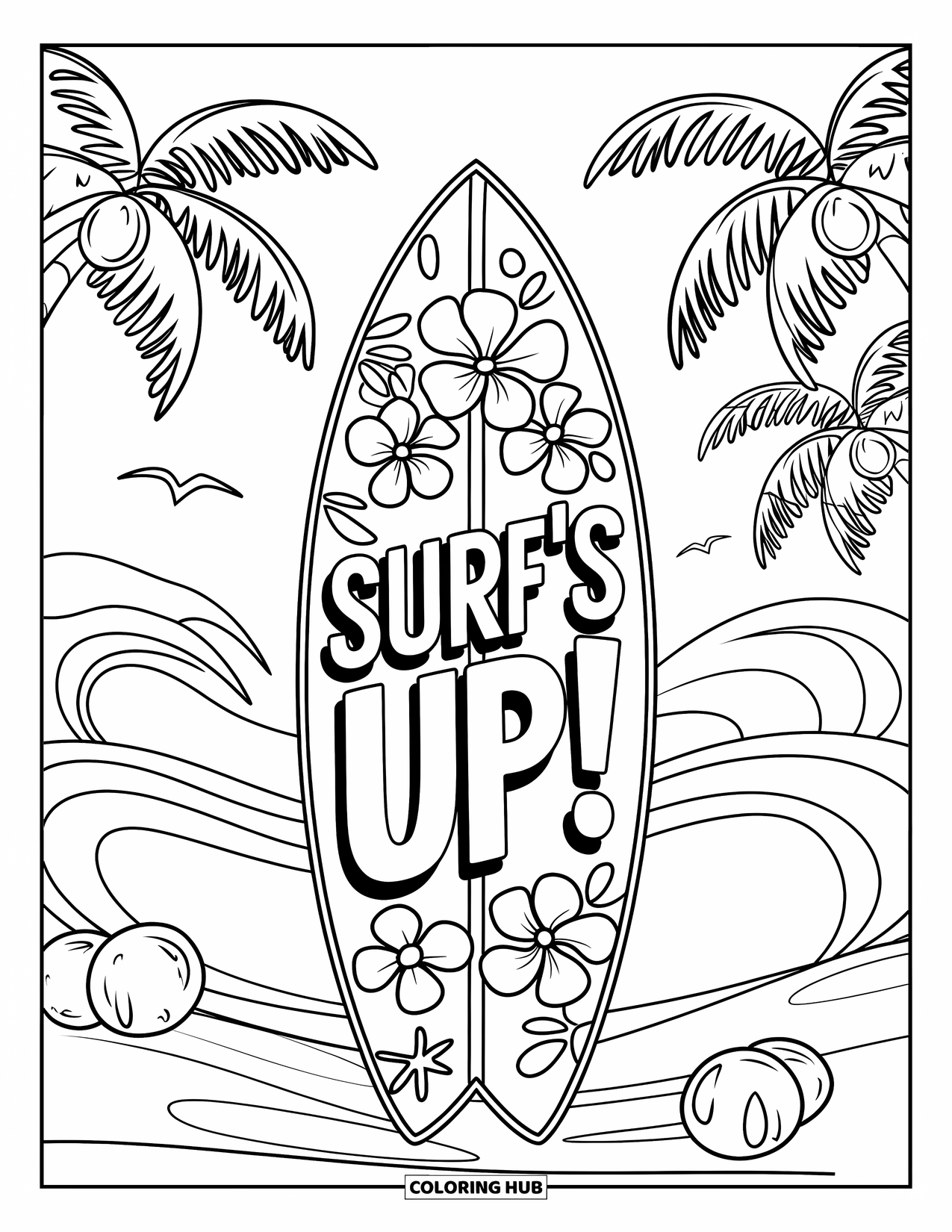 Surfboard Coloring Page for Kids: A surfboard with flowers by the ocean with palm trees nearby