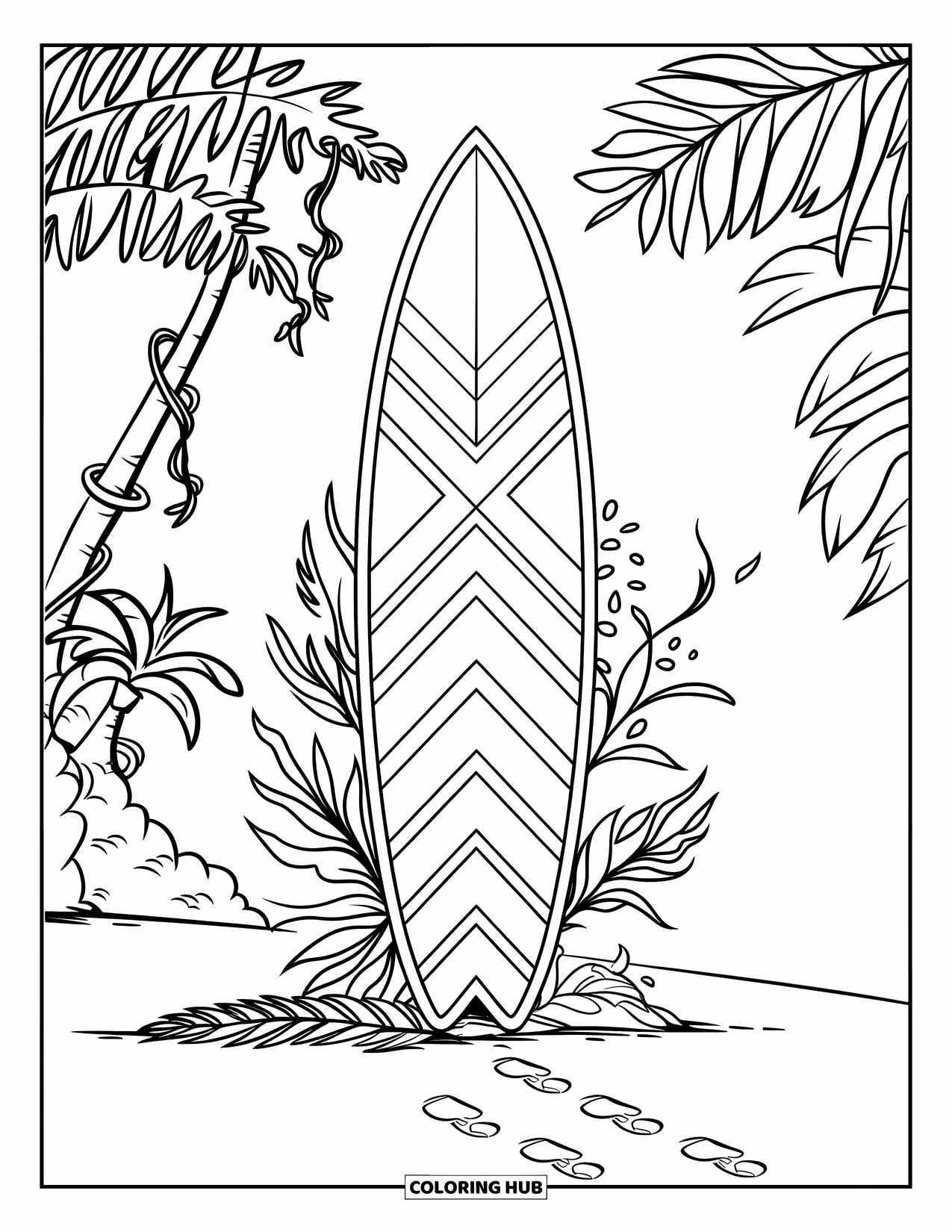 Surfboard Coloring Page for Kids: A surfboard with geometric designs surrounded by palm trees and tropical plants