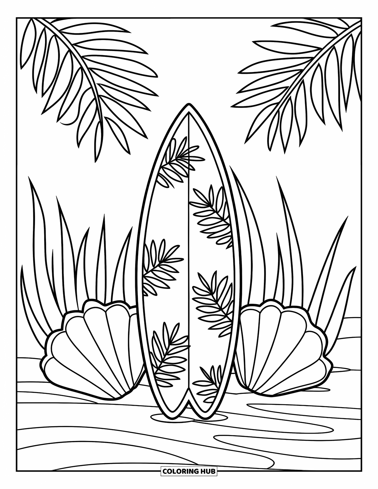 Surfboard Coloring Page for Kids: A surfboard with leaf designs placed near grass and seashells