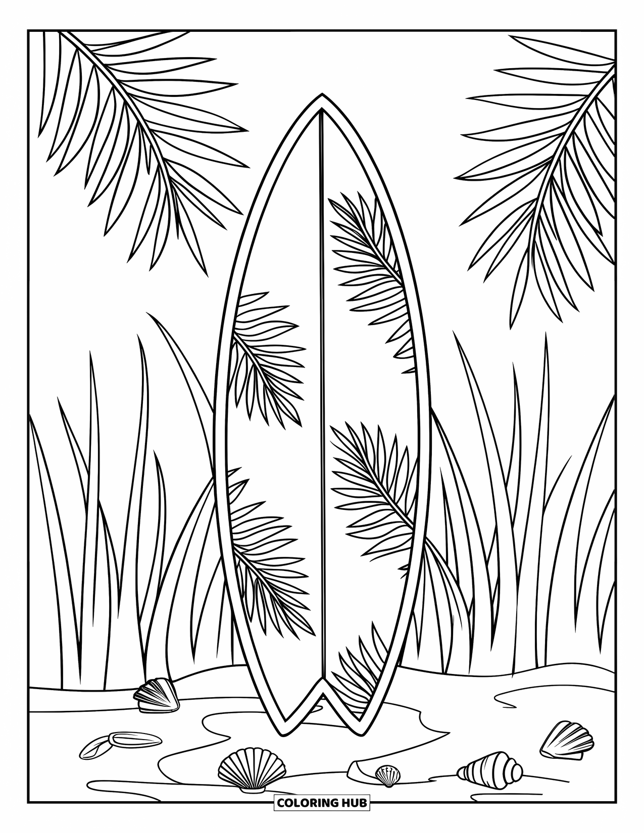 Surfboard Coloring Page for Kids: A surfboard with palm leaf patterns leaning on beach grass