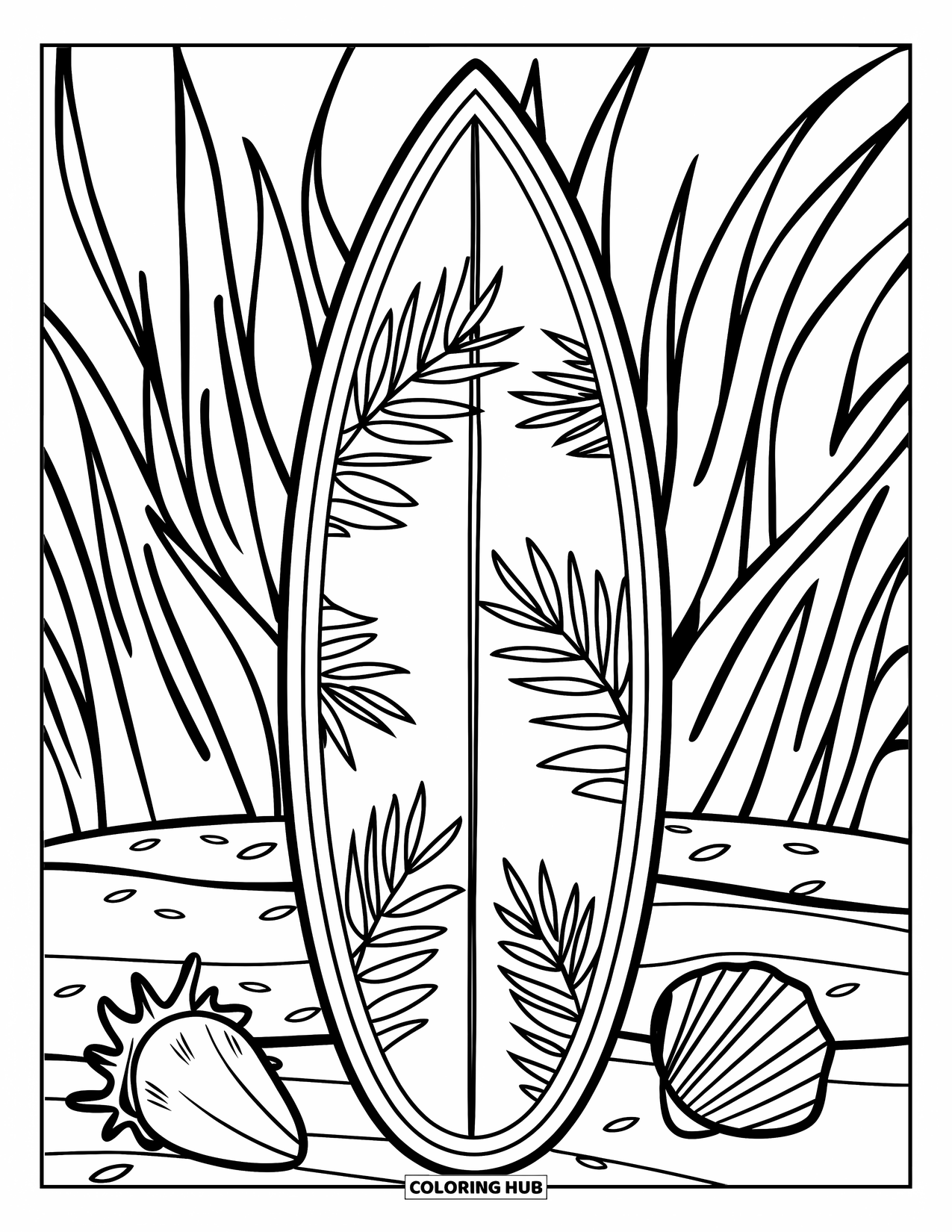 Surfboard Coloring Page for Kids: A surfboard with palm leaves by beach grass and seashells