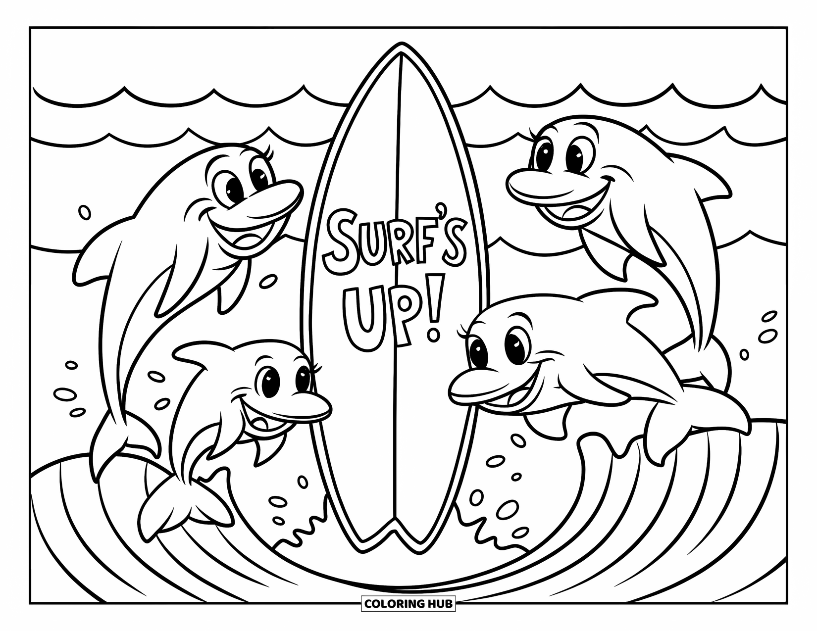 Surfboard Coloring Page for Kids: A surfboard with smiling dolphins jumping through ocean waves
