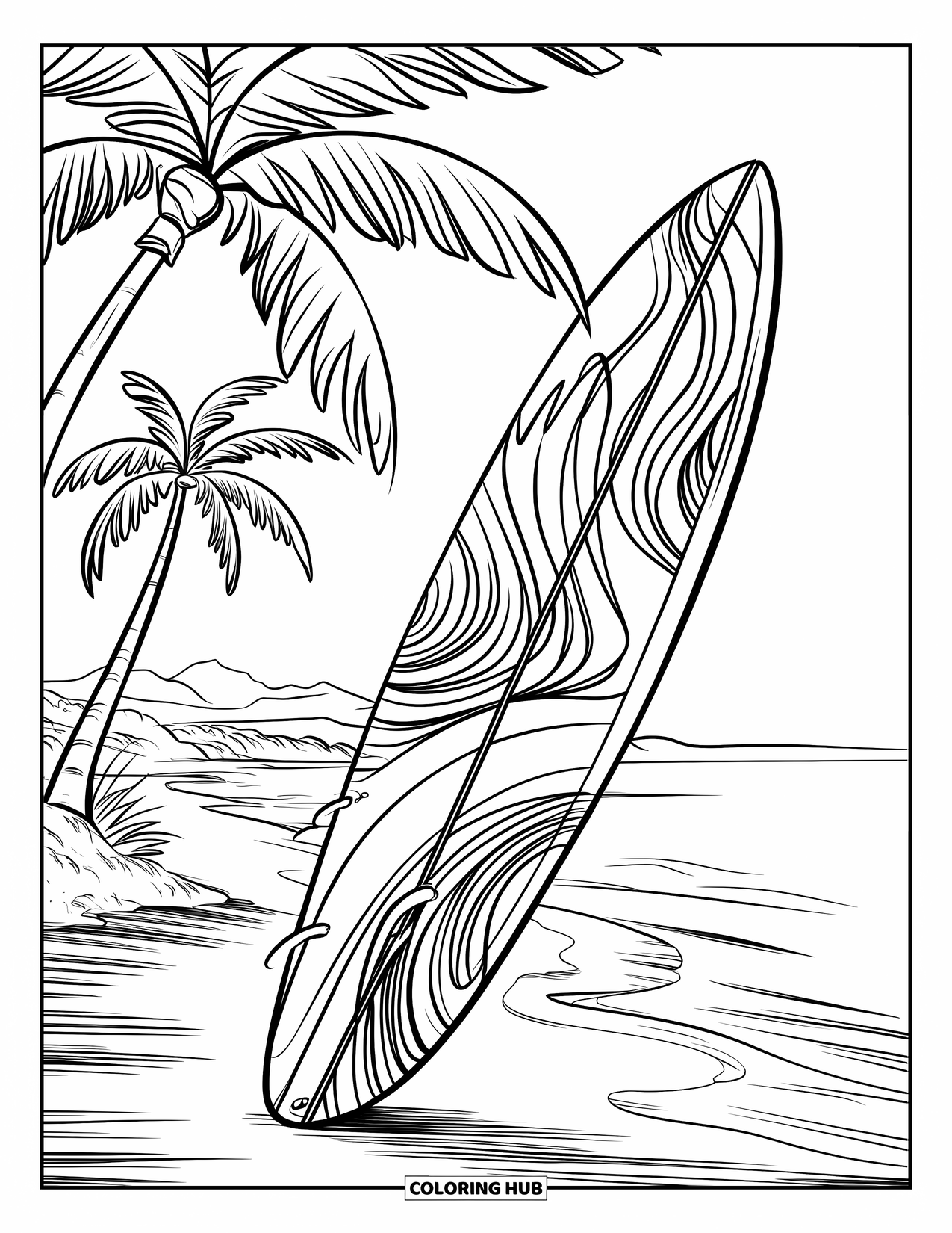 Surfboard Coloring Page for Kids: A surfboard with swirl designs on a beach surrounded by palm trees
