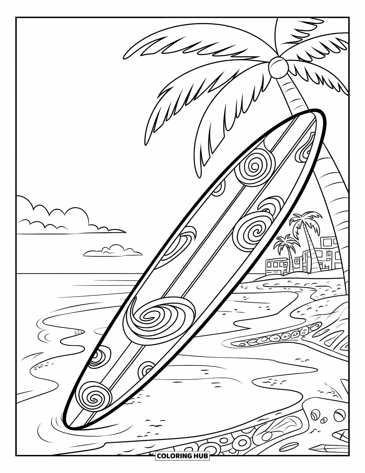 Surfboard Coloring Page for Kids: A surfboard with swirl designs resting on a beach with palm trees