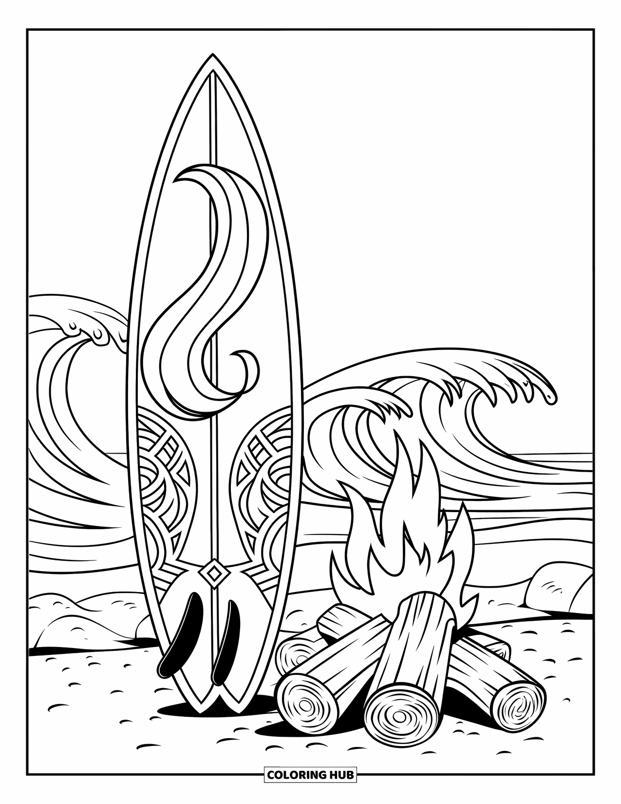 Surfboard Coloring Page for Kids: A surfboard with swirls and tribal patterns by bonfire logs and palm trees