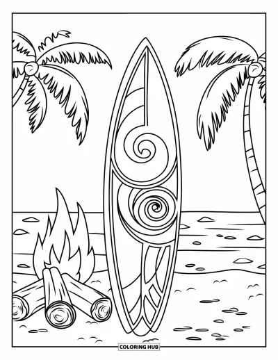 Desenho de prancha de surf para colorir para crianças: Uma prancha de surf com designs tribais perto de toras de fogueira de praia e palmeiras